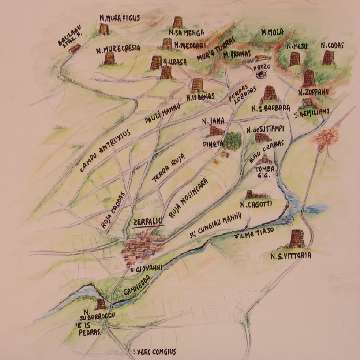 Zerfaliu, pianta del territorio col fiume Tirso e la dislocazione dei monumenti nuragici [360x360]